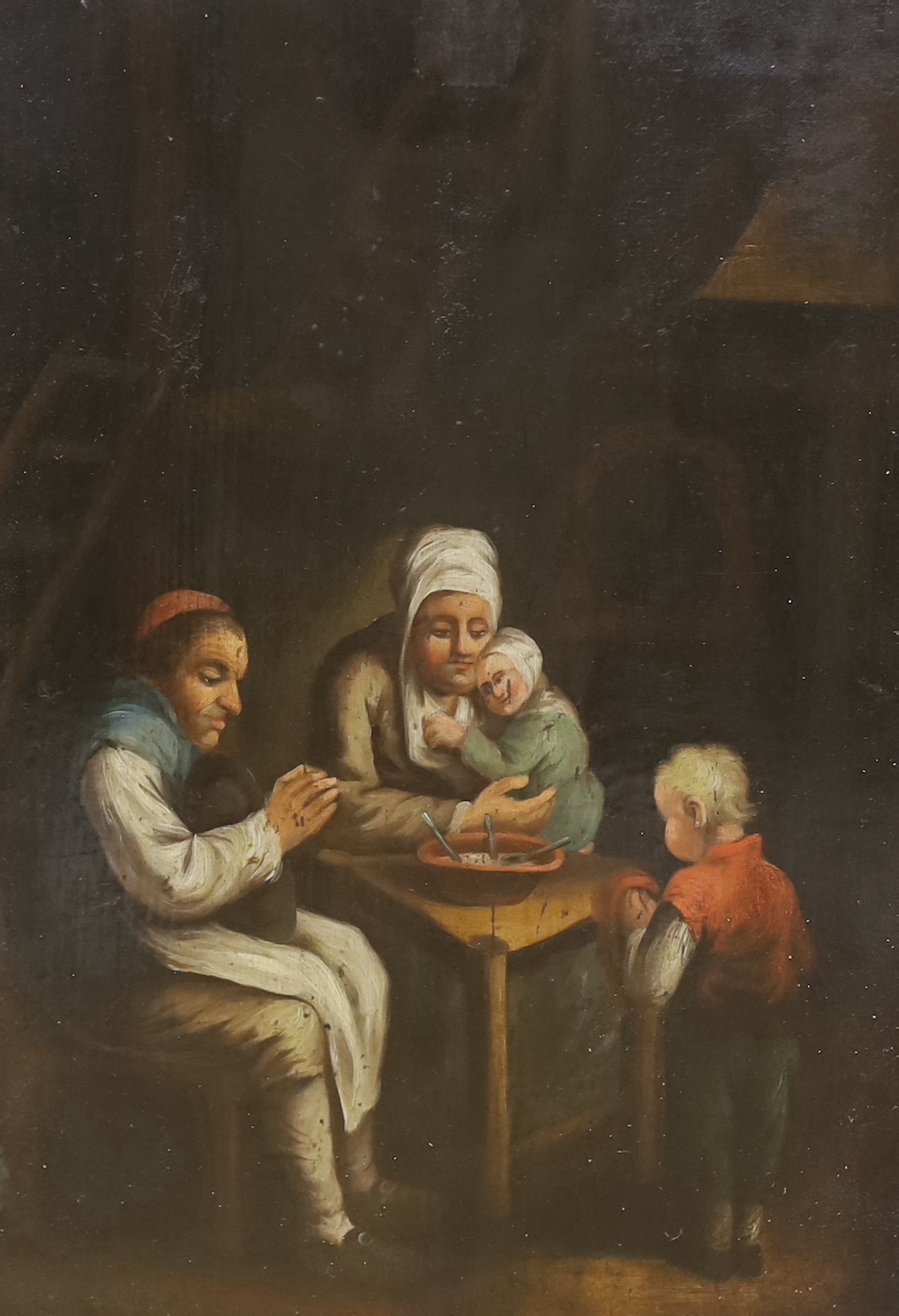 Pair of 17th century style German school, oils on board, Tavern scene and Family seated in an interior, Frankfurt labels verso, 30cm x 21cm